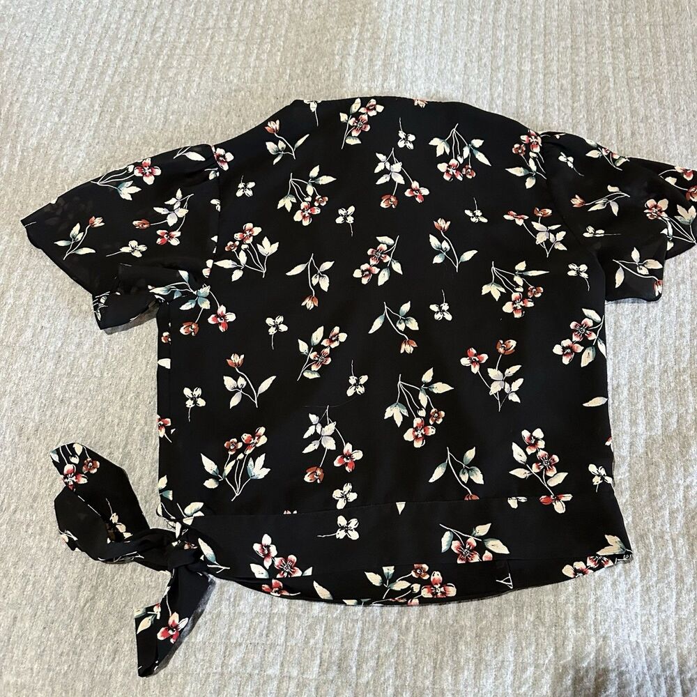 Madewell Cropped Boho Floral Tie Wrap Blouse XS Flutter Sleeve Sheer Black - Picture 8 of 10